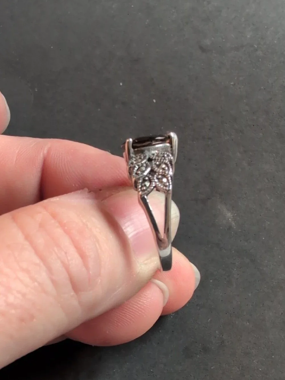 Sterling Silver Marcasite And Smoky Quartz Size 8 Ring